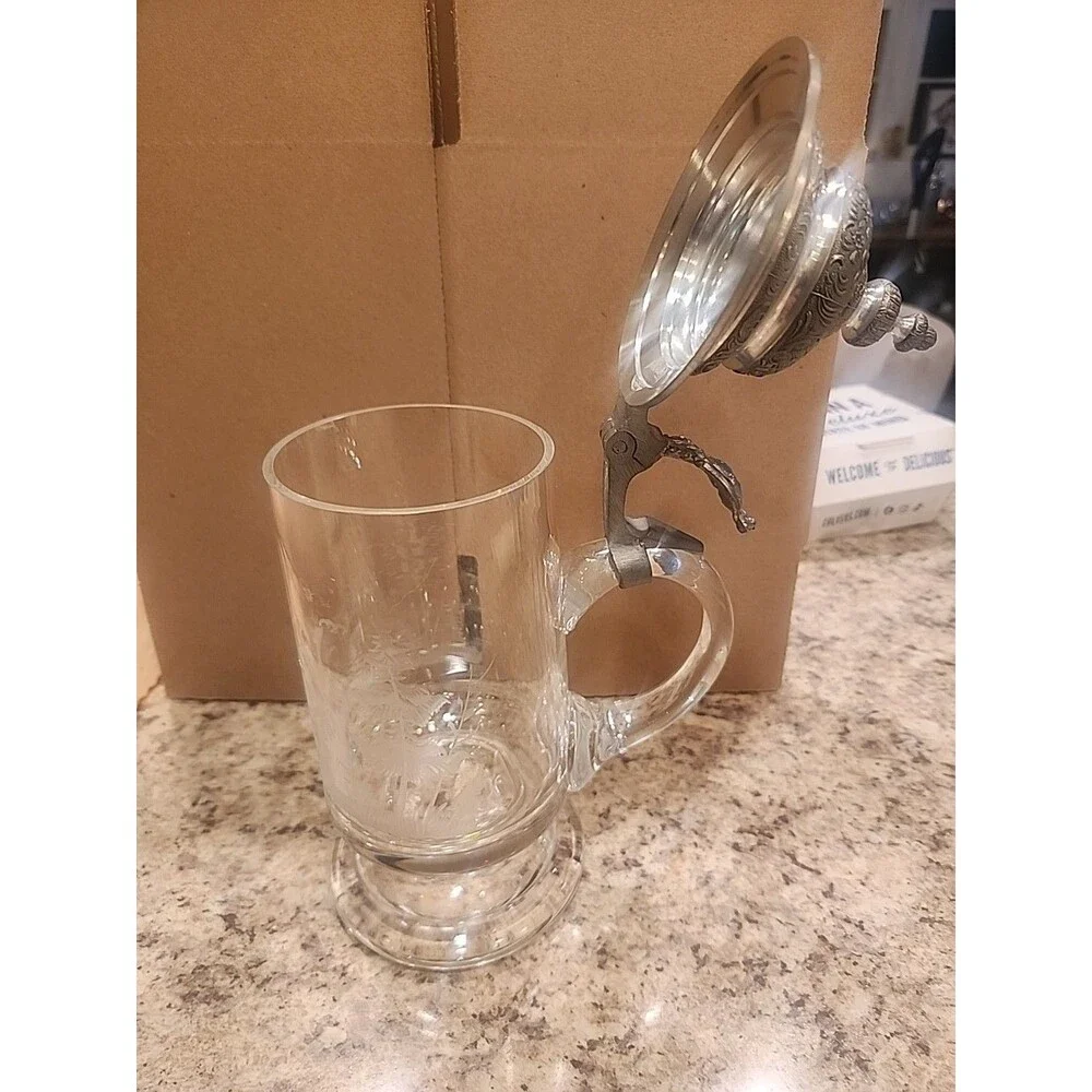 Vintage Crystal Glass Beer Stein‎ Pine Trees Etching Pewter Lid No Name